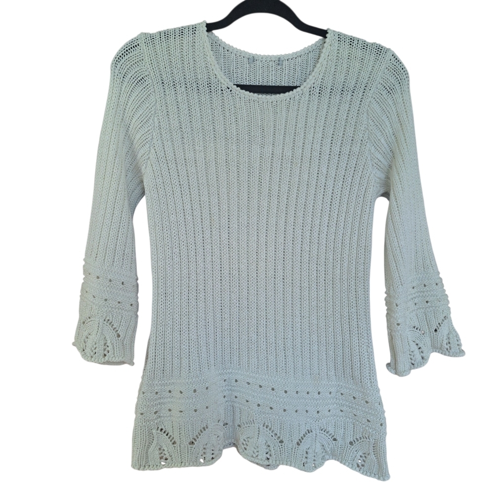 White Knit Sweater with Scalloped Hem & 3/4 Sleeves – Boho Crochet Style, M S/P